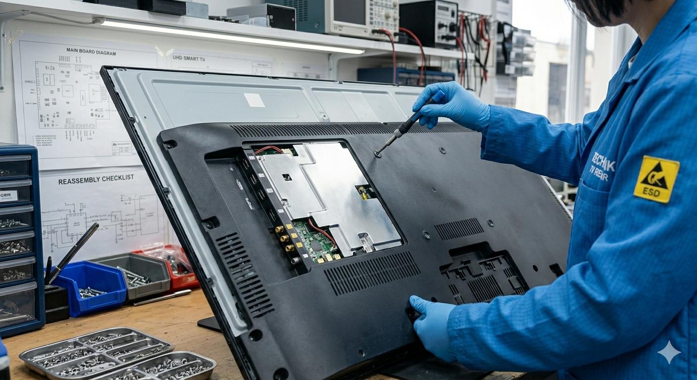 Technician in blue uniform carefully repairing and reassembling the back panel of a large Smart TV