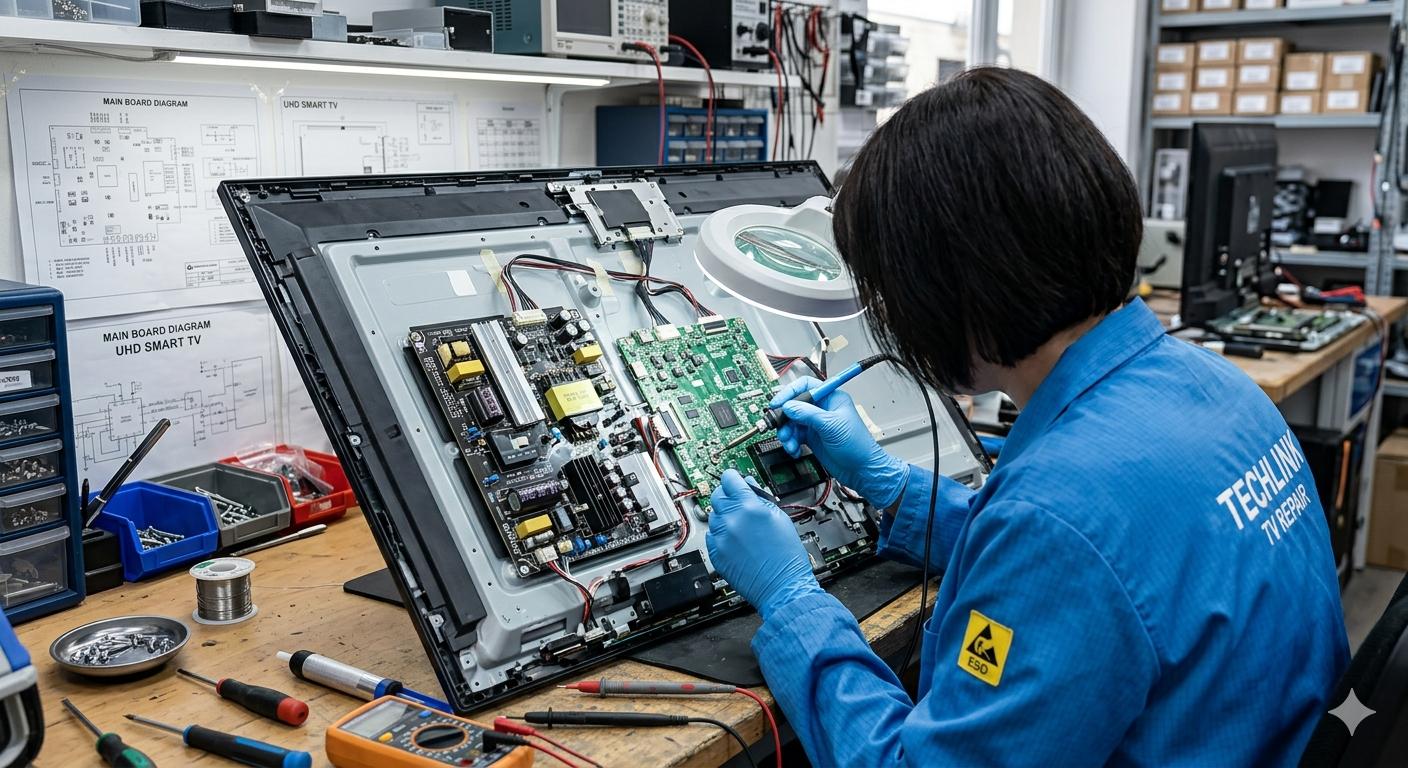 Professional female TV repair technician in blue uniform working on open Smart TV mainboard in a well-equipped Hyderabad workshop