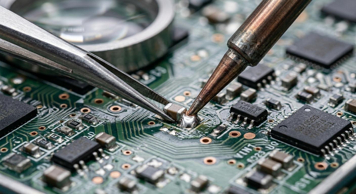 Close-up of expert soldering and component replacement on a green TV circuit board using precision tools