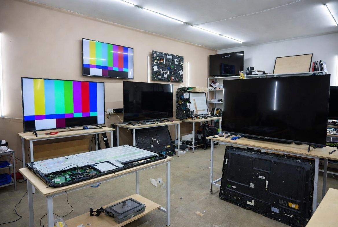 TV repair lab with large color test pattern screens and disassembled TVs for precise display calibration