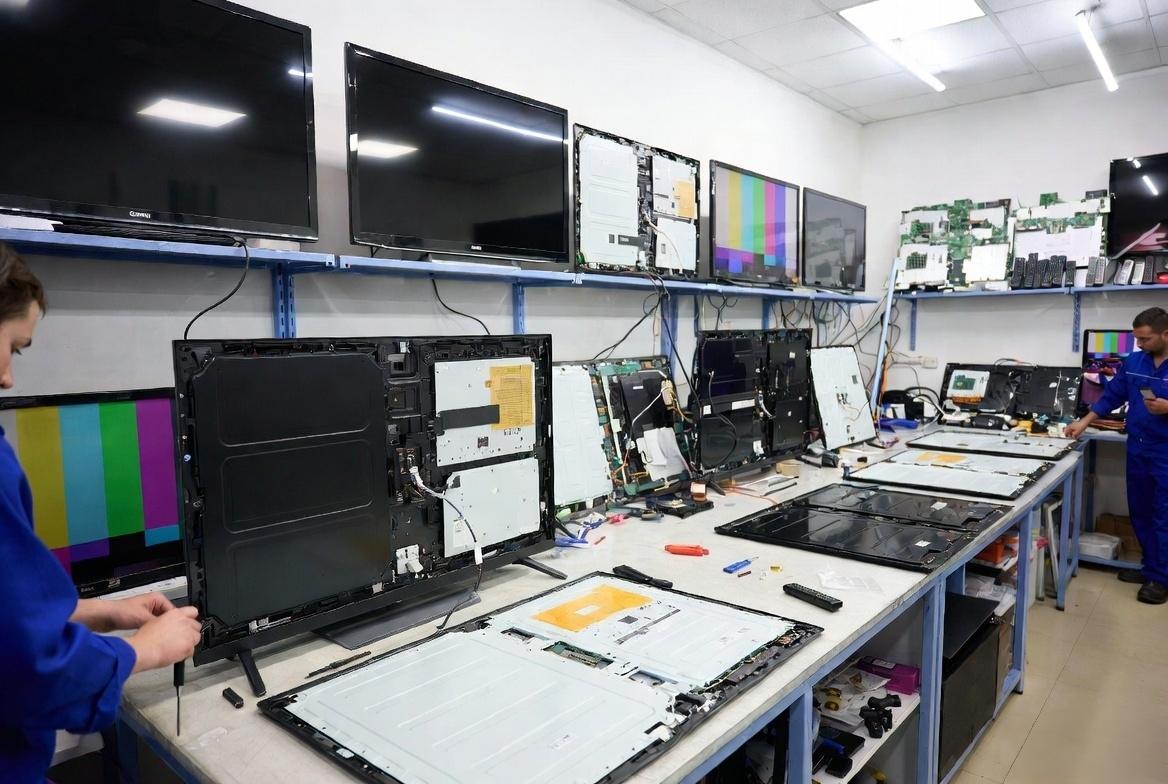 Busy professional TV repair workshop with multiple disassembled TVs on workbenches and technicians performing repairs
